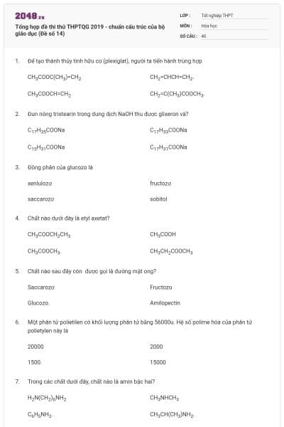 Tổng hợp đề thi thử THPTQG 2019 - chuẩn cấu trúc của bộ giáo dục (Đề số 14)