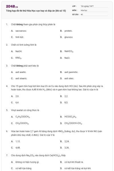 Tổng hợp đề thi thử Hóa Học cực hay có đáp án (Đề số 15)