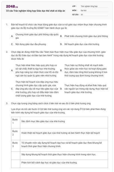 33 câu Trắc nghiệm tổng hợp Giáo dục thể chất có đáp án