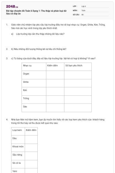 Bài tập chuyên đề Toán 6 Dạng 1: Thu thập và phân loại dữ liệu có đáp án