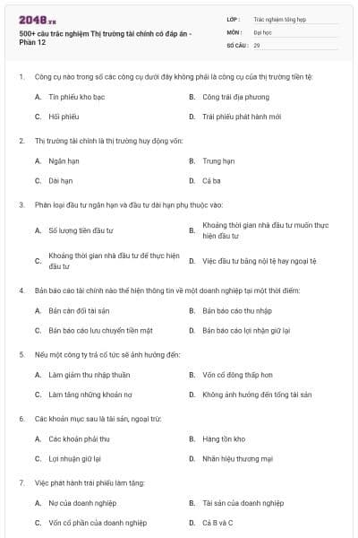 500+ câu trắc nghiệm Thị trường tài chính có đáp án - Phần 12
