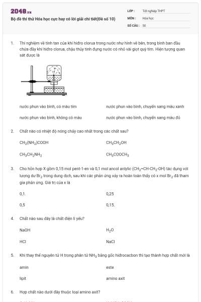 Bộ đề thi thử Hóa học cực hay có lời giải chi tiết(Đề số 10)