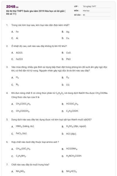 Đề thi thử THPT Quốc gia năm 2019 Hóa học có lời giải ( Đề số 11)