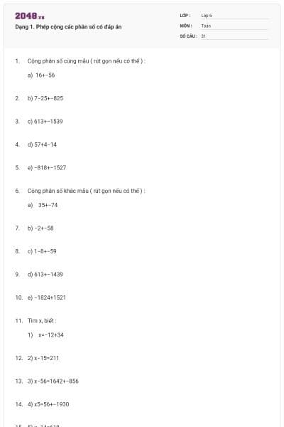 Dạng 1. Phép cộng các phân số có đáp án
