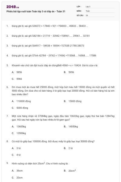 Phiếu bài tập cuối tuần Toán lớp 3 có đáp án - Tuần 31