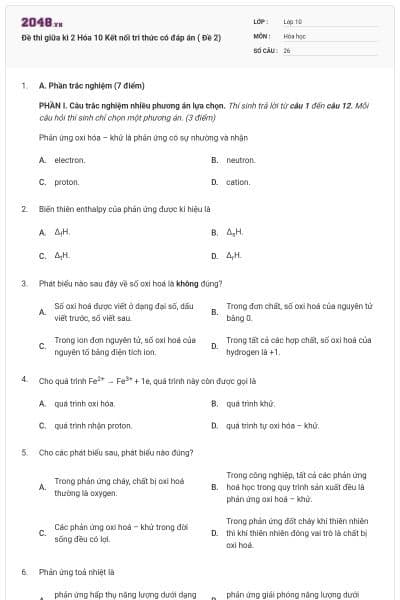 Đề thi giữa kì 2 Hóa 10 Kết nối tri thức có đáp án ( Đề 2)