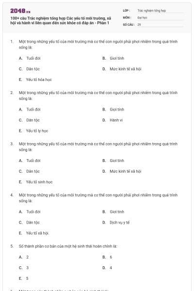 100+ câu Trắc nghiệm tổng hợp Các yếu tố môi trường, xã hội và hành vi liên quan đến sức khỏe có đáp án - Phần 1