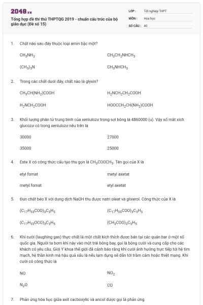 Tổng hợp đề thi thử THPTQG 2019 - chuẩn cấu trúc của bộ giáo dục (Đề số 15)