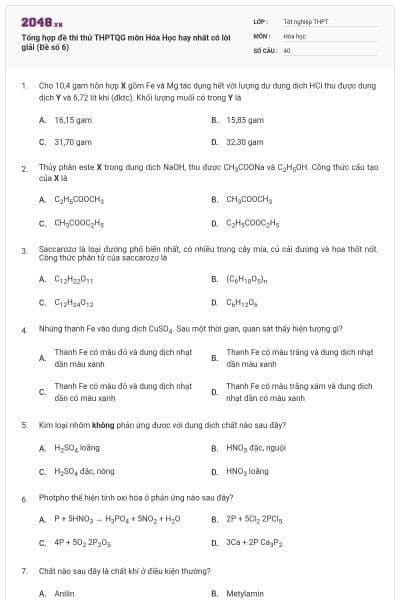 Tổng hợp đề thi thử THPTQG môn Hóa Học hay nhất có lời giải (Đề số 6)