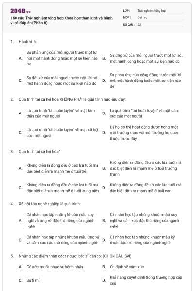 160 câu Trắc nghiệm tổng hợp Khoa học thần kinh và hành vi có đáp án (Phần 6)