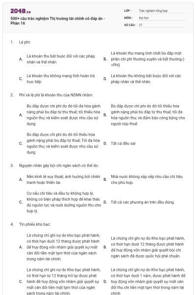 500+ câu trắc nghiệm Thị trường tài chính có đáp án - Phần 16