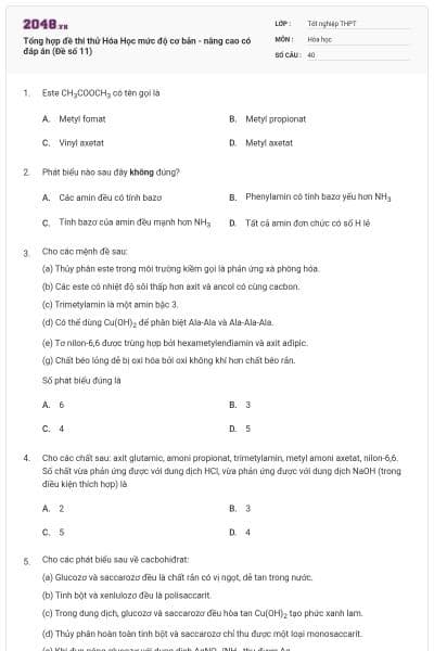 Tổng hợp đề thi thử Hóa Học mức độ cơ bản - nâng cao có đáp án (Đề số 11)