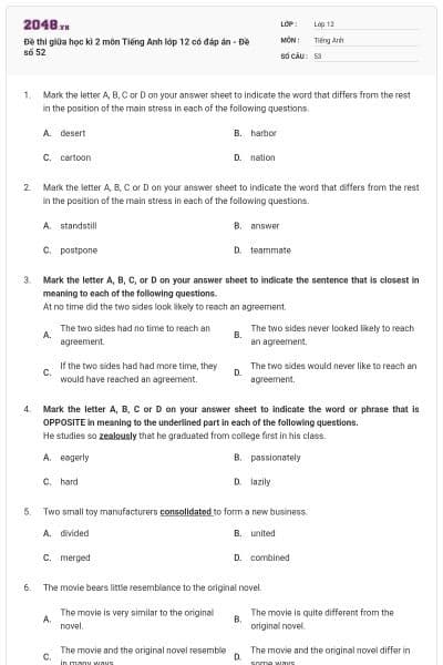 Đề thi giữa học kì 2 môn Tiếng Anh lớp 12 có đáp án - Đề số 52