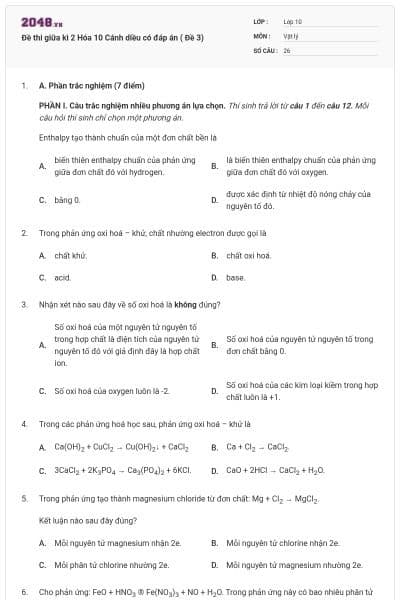 Đề thi giữa kì 2 Hóa 10 Cánh diều có đáp án ( Đề 3)