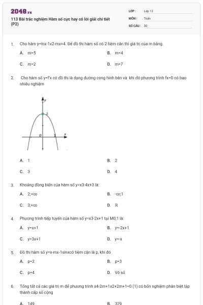 113 Bài trắc nghiệm Hàm số cực hay có lời giải chi tiết (P2)