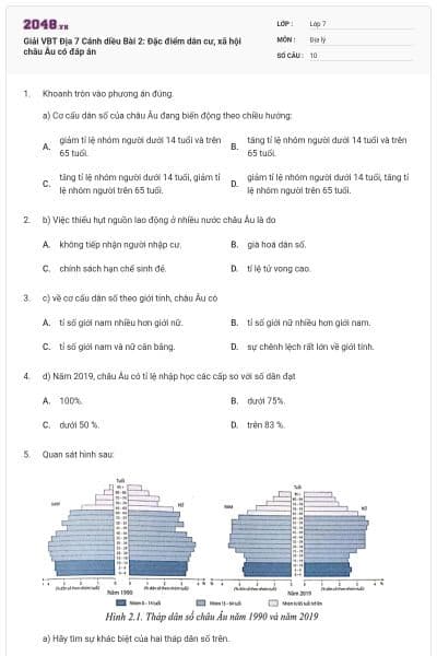Giải VBT Địa 7 Cánh diều Bài 2: Đặc điểm dân cư, xã hội châu Âu có đáp án