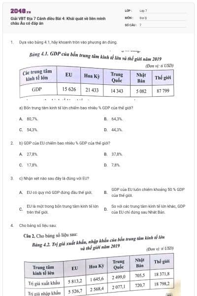 Giải VBT Địa 7 Cánh diều Bài 4: Khái quát về liên minh châu Âu có đáp án