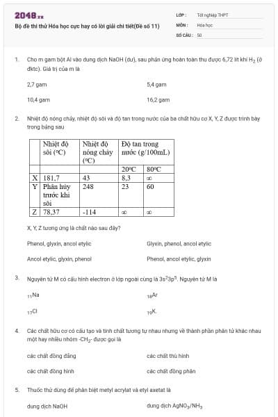 Bộ đề thi thử Hóa học cực hay có lời giải chi tiết(Đề số 11)