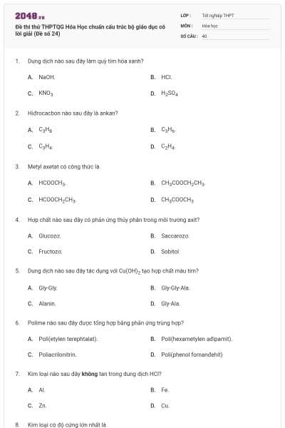 Đề thi thử THPTQG Hóa Học chuẩn cấu trúc bộ giáo dục có lời giải (Đề số 24)