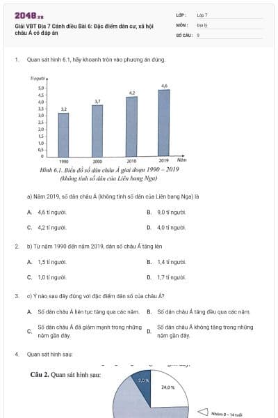 Giải VBT Địa 7 Cánh diều Bài 6: Đặc điểm dân cư, xã hội châu Á có đáp án