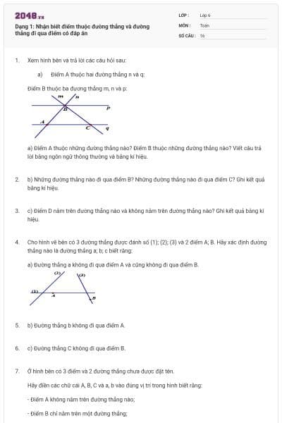 Dạng 1: Nhận biết điểm thuộc đường thẳng và đường thẳng đi qua điểm có đáp án