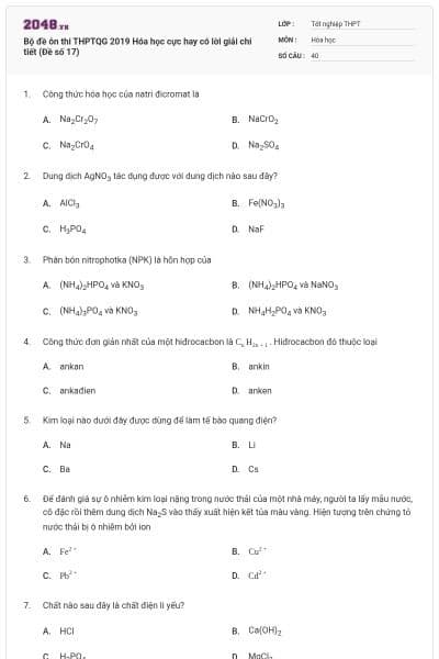 Bộ đề ôn thi THPTQG 2019 Hóa học cực hay có lời giải chi tiết (Đề số 17)
