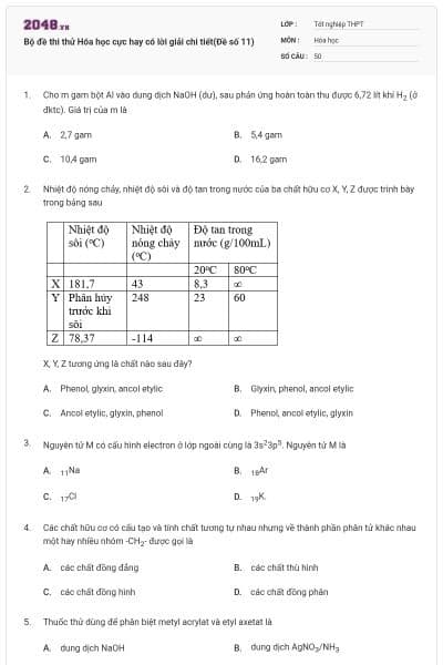 Bộ đề thi thử Hóa học cực hay có lời giải chi tiết(Đề số 11)
