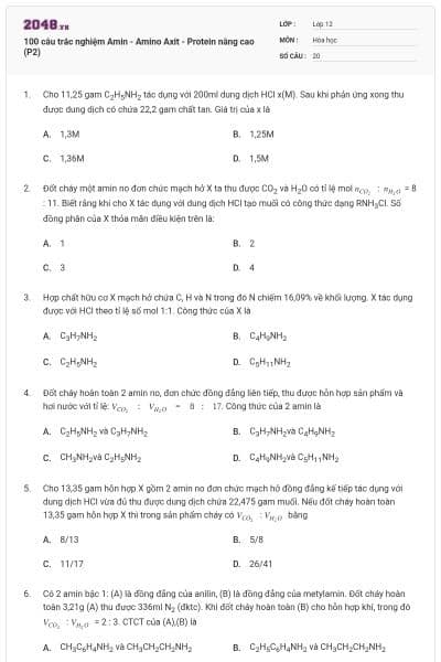 100 câu trắc nghiệm Amin - Amino Axit - Protein nâng cao (P2)