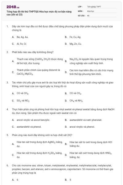 Tổng hợp đề thi thử THPTQG Hóa học mức độ cơ bản nâng cao (đề số 23)