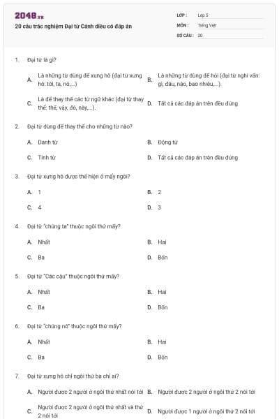 20 câu trắc nghiệm Đại từ Cánh diều có đáp án