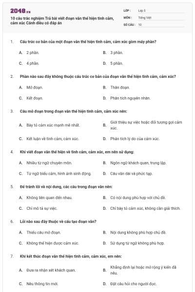 10 câu trắc nghiệm Trả bài viết đoạn văn thể hiện tình cảm, cảm xúc Cánh diều có đáp án