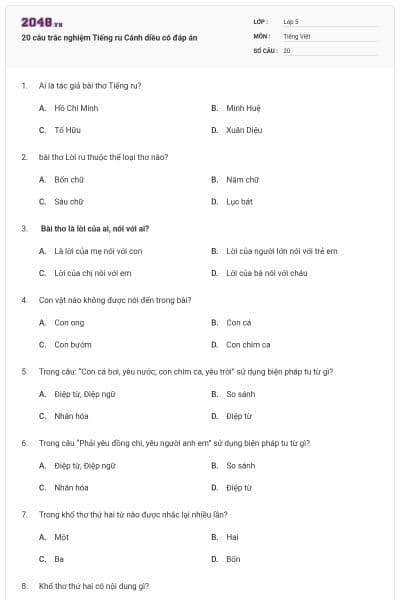 20 câu trắc nghiệm Tiếng ru Cánh diều có đáp án