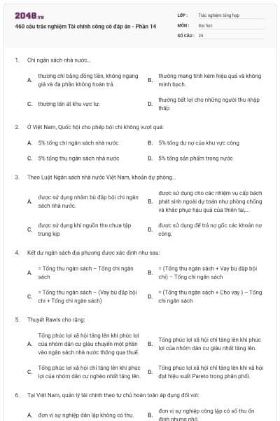 460 câu trắc nghiệm Tài chính công có đáp án - Phần 14