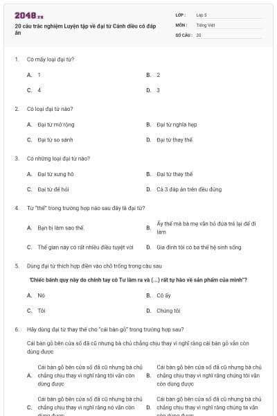 20 câu trắc nghiệm Luyện tập về đại từ Cánh diều có đáp án
