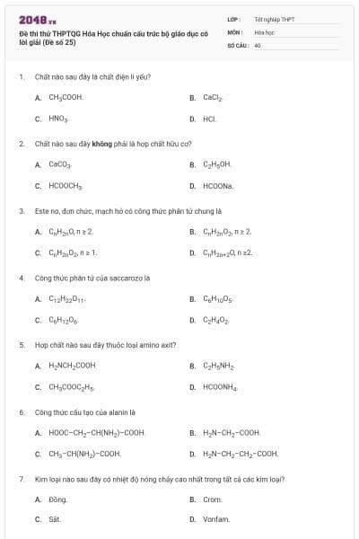 Đề thi thử THPTQG Hóa Học chuẩn cấu trúc bộ giáo dục có lời giải (Đề số 25)