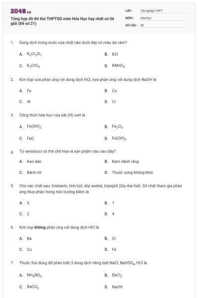 Tổng hợp đề thi thử THPTQG môn Hóa Học hay nhất có lời giải (Đề số 21)