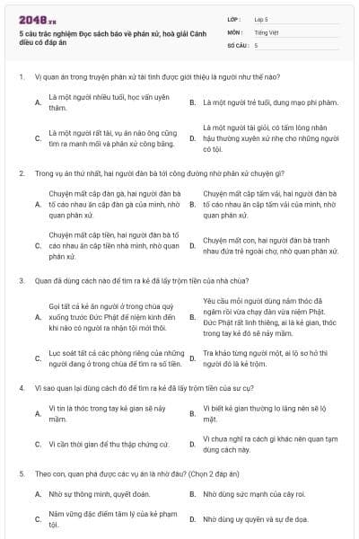 5 câu trắc nghiệm Đọc sách báo về phán xử, hoà giải Cánh diều có đáp án