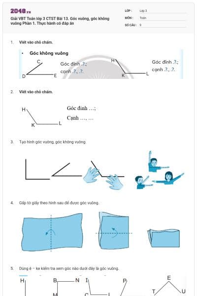 Giải VBT Toán lớp 3 CTST Bài 13. Góc vuông, góc không vuông Phần 1. Thực hành có đáp án