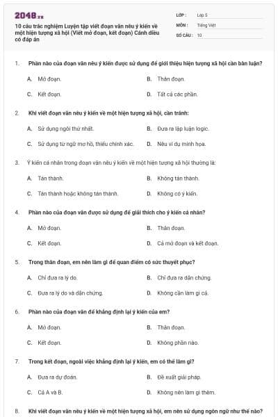 10 câu trắc nghiệm Luyện tập viết đoạn văn nêu ý kiến về một hiện tượng xã hội (Viết mở đoạn, kết đoạn) Cánh diều có đáp án
