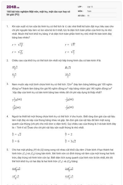 160 bài trắc nghiệm Mặt nón, mặt trụ, mặt cầu cực hay có lời giải (P3)