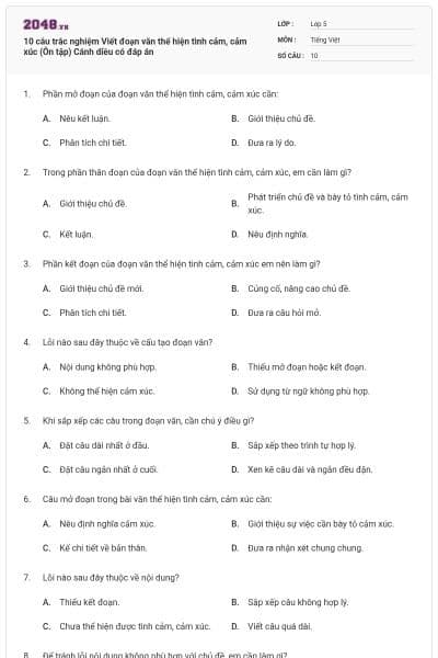 10 câu trắc nghiệm Viết đoạn văn thể hiện tình cảm, cảm xúc (Ôn tập) Cánh diều có đáp án