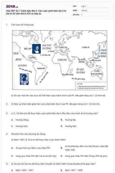 Giải VBT Sử 7 Cánh diều Bài 2: Các cuộc phát kiến địa lí từ thế kỉ XV đến thế kỉ XVI có đáp án