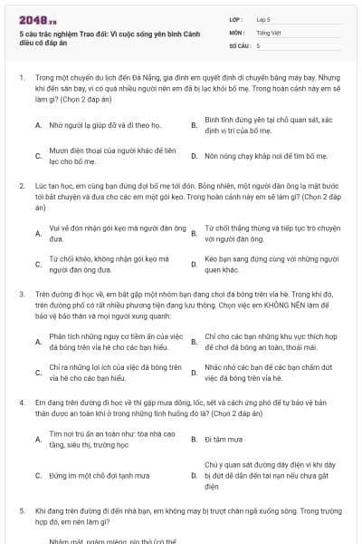 5 câu trắc nghiệm Trao đổi: Vì cuộc sống yên bình Cánh diều có đáp án