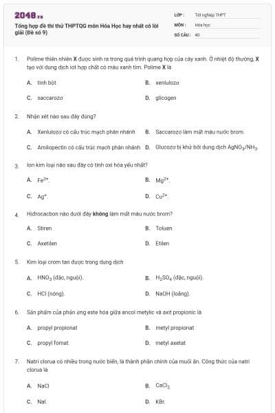 Tổng hợp đề thi thử THPTQG môn Hóa Học hay nhất có lời giải (Đề số 9)