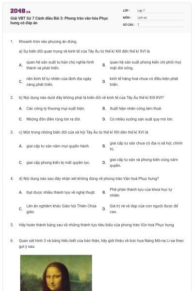 Giải VBT Sử 7 Cánh diều Bài 3: Phong trào văn hóa Phục hưng có đáp án