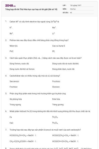 Tổng hợp đề thi Thử Hóa học cực hay có lời giải (Đề số 18)