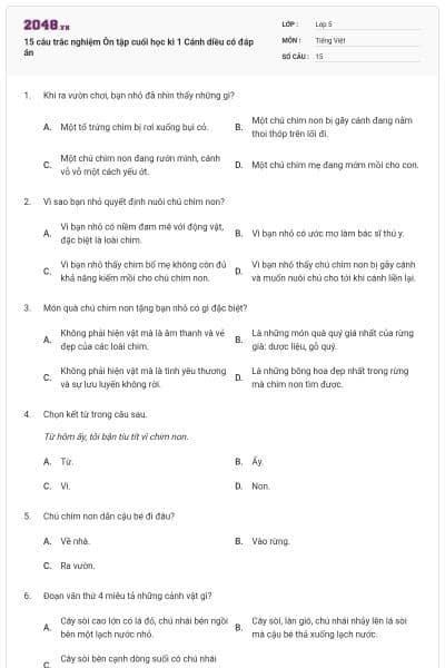 15 câu trắc nghiệm Ôn tập cuối học kì 1 Cánh diều có đáp án