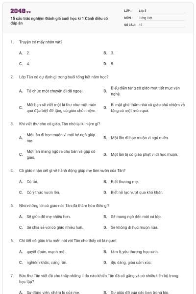 15 câu trắc nghiệm Đánh giá cuối học kì 1 Cánh diều có đáp án