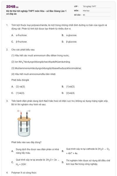 Đề thi thử tốt nghiệp THPT môn Hóa - sở Bắc Giang Lần 1 có đáp án