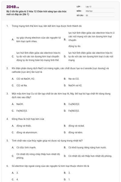 Bộ 3 đề thi giữa kì 2 Hóa 12 Chân trời sáng tạo cấu trúc mới có đáp án (Đề 1)
